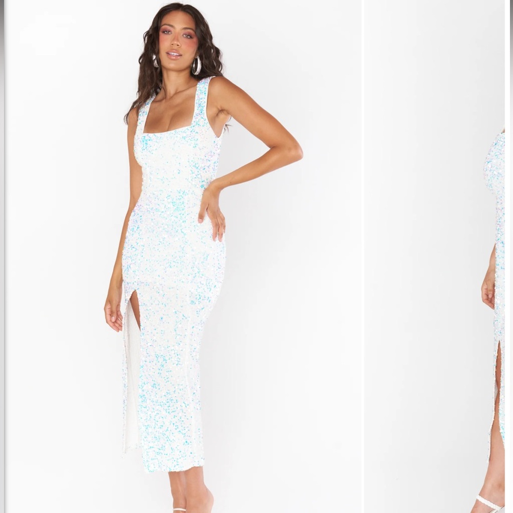 Sequin Square-Neck White Midi Dress with Side Slit